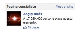 Screenshot di un banner di Facebook recante il numero di 'like' per Angry Birds. L'immagine risale a marzo 2012